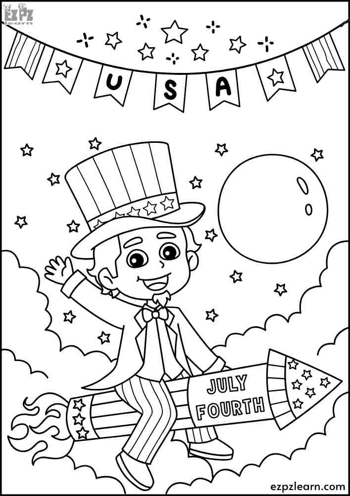 Happy Fourth of July Coloring Page of a Man on a Rocket 